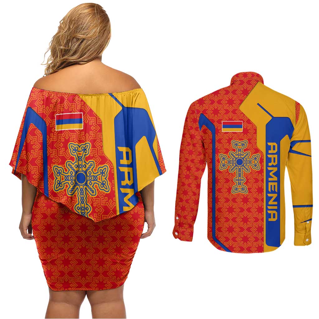 Armenia Flag-Inspired Couples Matching Off Shoulder Short Dress and Long Sleeve Button Shirt with Ornamental Cross and Geometric Pattern Design - Wonder Print Shop