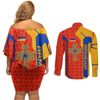 Armenia Flag-Inspired Couples Matching Off Shoulder Short Dress and Long Sleeve Button Shirt with Ornamental Cross and Geometric Pattern Design - Wonder Print Shop