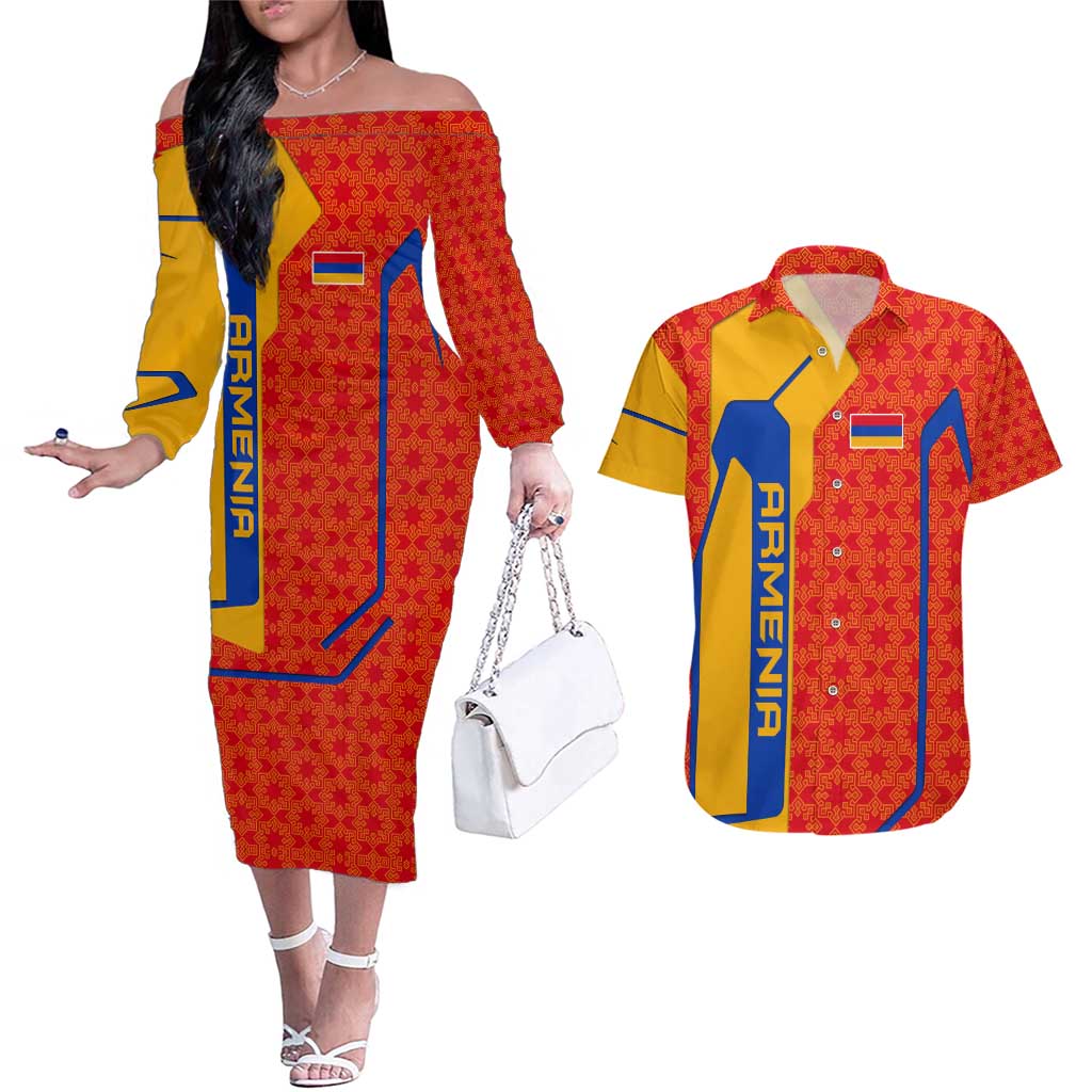 Armenia Flag-Inspired Couples Matching Off The Shoulder Long Sleeve Dress and Hawaiian Shirt with Ornamental Cross and Geometric Pattern Design - Wonder Print Shop