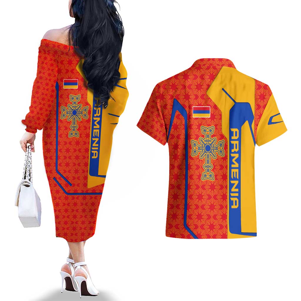 Armenia Flag-Inspired Couples Matching Off The Shoulder Long Sleeve Dress and Hawaiian Shirt with Ornamental Cross and Geometric Pattern Design - Wonder Print Shop