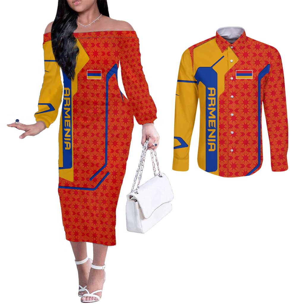 Armenia Flag-Inspired Couples Matching Off The Shoulder Long Sleeve Dress and Long Sleeve Button Shirt with Ornamental Cross and Geometric Pattern Design - Wonder Print Shop