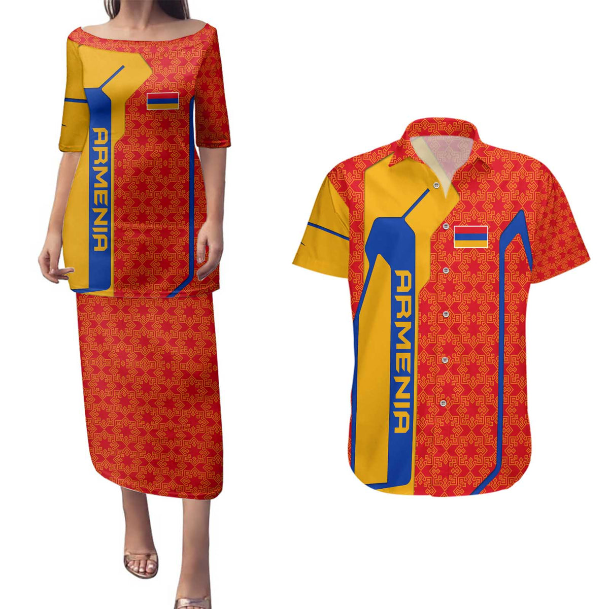 Armenia Flag-Inspired Couples Matching Puletasi and Hawaiian Shirt with Ornamental Cross and Geometric Pattern Design - Wonder Print Shop