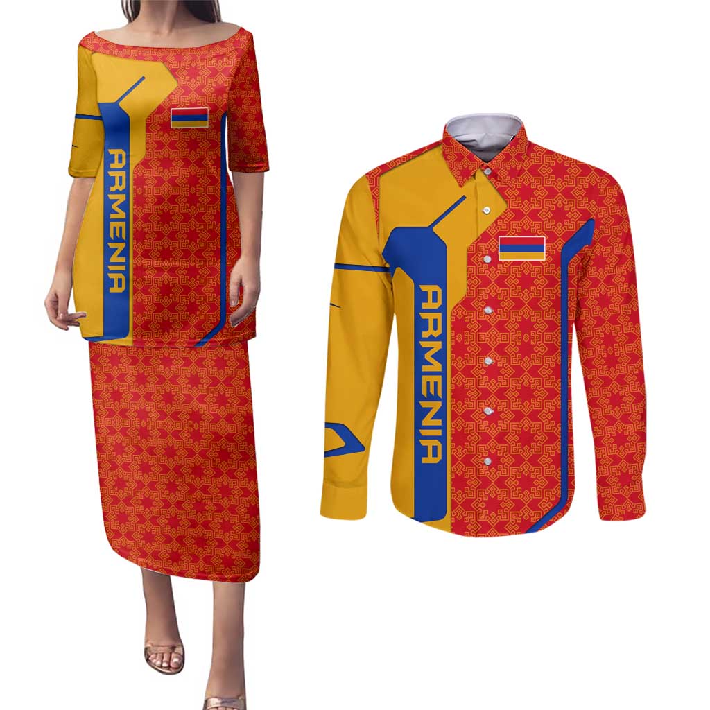 Armenia Flag-Inspired Couples Matching Puletasi and Long Sleeve Button Shirt with Ornamental Cross and Geometric Pattern Design - Wonder Print Shop