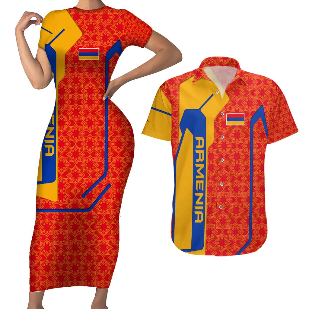 Armenia Flag-Inspired Couples Matching Short Sleeve Bodycon Dress and Hawaiian Shirt with Ornamental Cross and Geometric Pattern Design - Wonder Print Shop