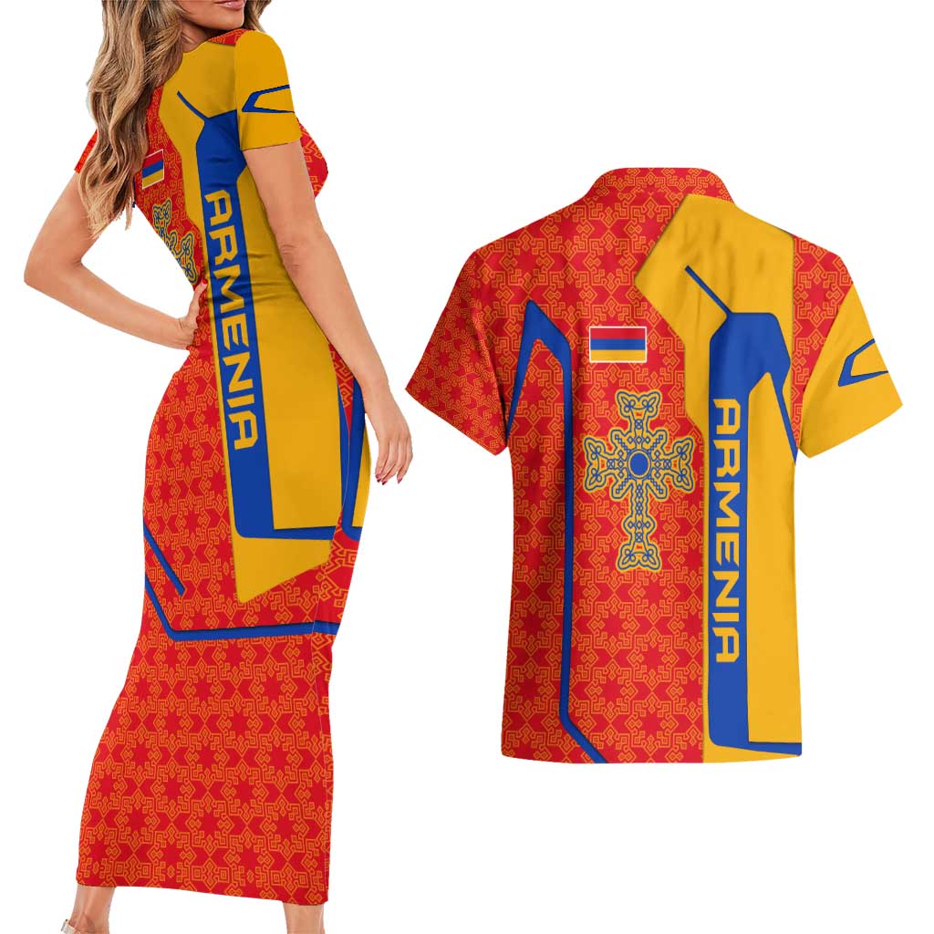 Armenia Flag-Inspired Couples Matching Short Sleeve Bodycon Dress and Hawaiian Shirt with Ornamental Cross and Geometric Pattern Design - Wonder Print Shop