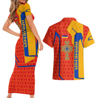 Armenia Flag-Inspired Couples Matching Short Sleeve Bodycon Dress and Hawaiian Shirt with Ornamental Cross and Geometric Pattern Design - Wonder Print Shop