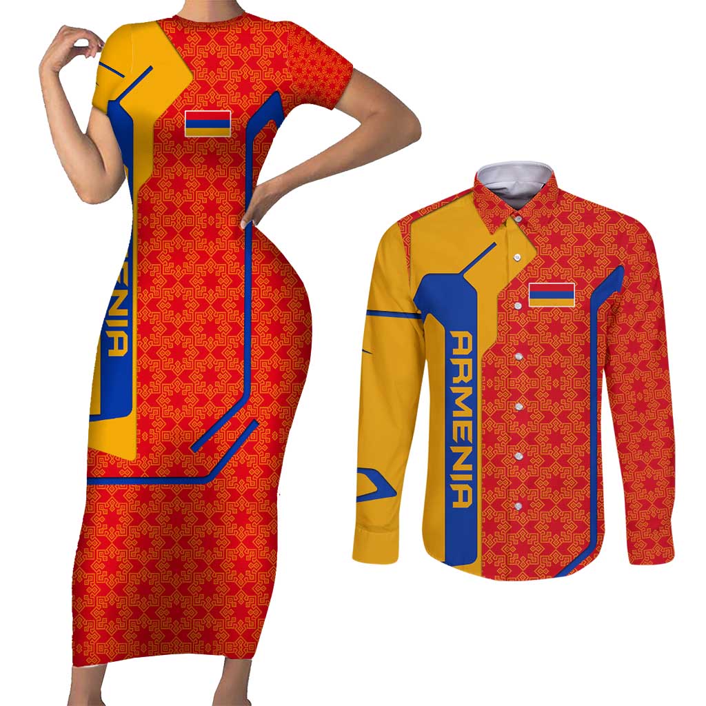 Armenia Flag-Inspired Couples Matching Short Sleeve Bodycon Dress and Long Sleeve Button Shirt with Ornamental Cross and Geometric Pattern Design - Wonder Print Shop