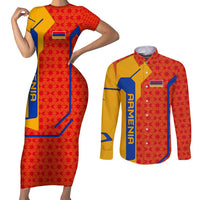 Armenia Flag-Inspired Couples Matching Short Sleeve Bodycon Dress and Long Sleeve Button Shirt with Ornamental Cross and Geometric Pattern Design - Wonder Print Shop