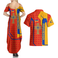 Armenia Flag-Inspired Couples Matching Summer Maxi Dress and Hawaiian Shirt with Ornamental Cross and Geometric Pattern Design - Wonder Print Shop