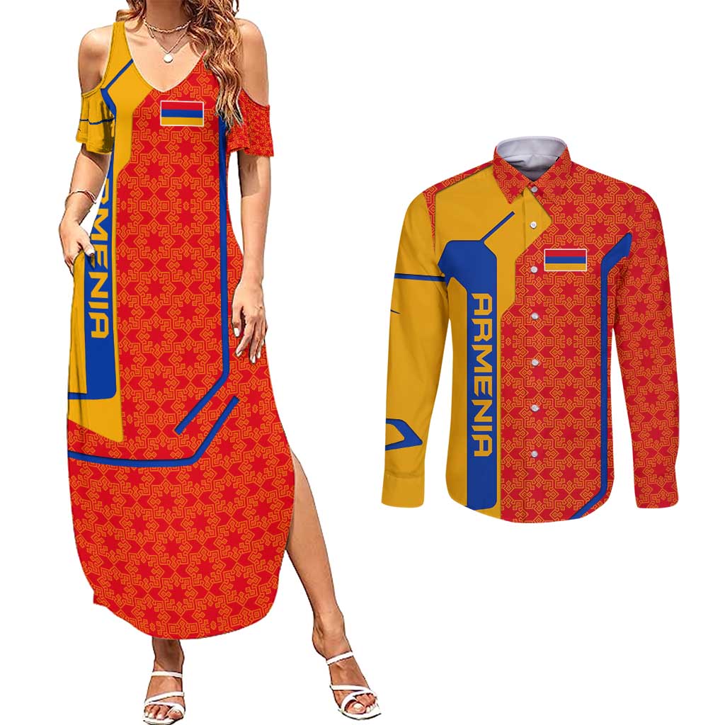 Armenia Flag-Inspired Couples Matching Summer Maxi Dress and Long Sleeve Button Shirt with Ornamental Cross and Geometric Pattern Design - Wonder Print Shop