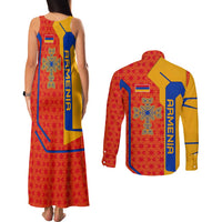 Armenia Flag-Inspired Couples Matching Tank Maxi Dress and Long Sleeve Button Shirt with Ornamental Cross and Geometric Pattern Design - Wonder Print Shop