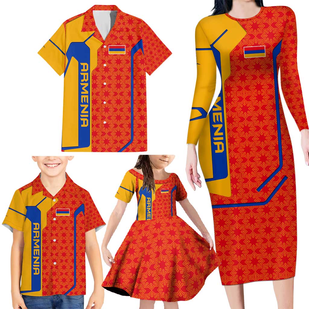Armenia Flag-Inspired Family Matching Long Sleeve Bodycon Dress and Hawaiian Shirt with Ornamental Cross and Geometric Pattern Design - Wonder Print Shop