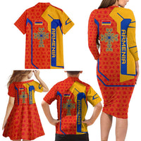 Armenia Flag-Inspired Family Matching Long Sleeve Bodycon Dress and Hawaiian Shirt with Ornamental Cross and Geometric Pattern Design - Wonder Print Shop