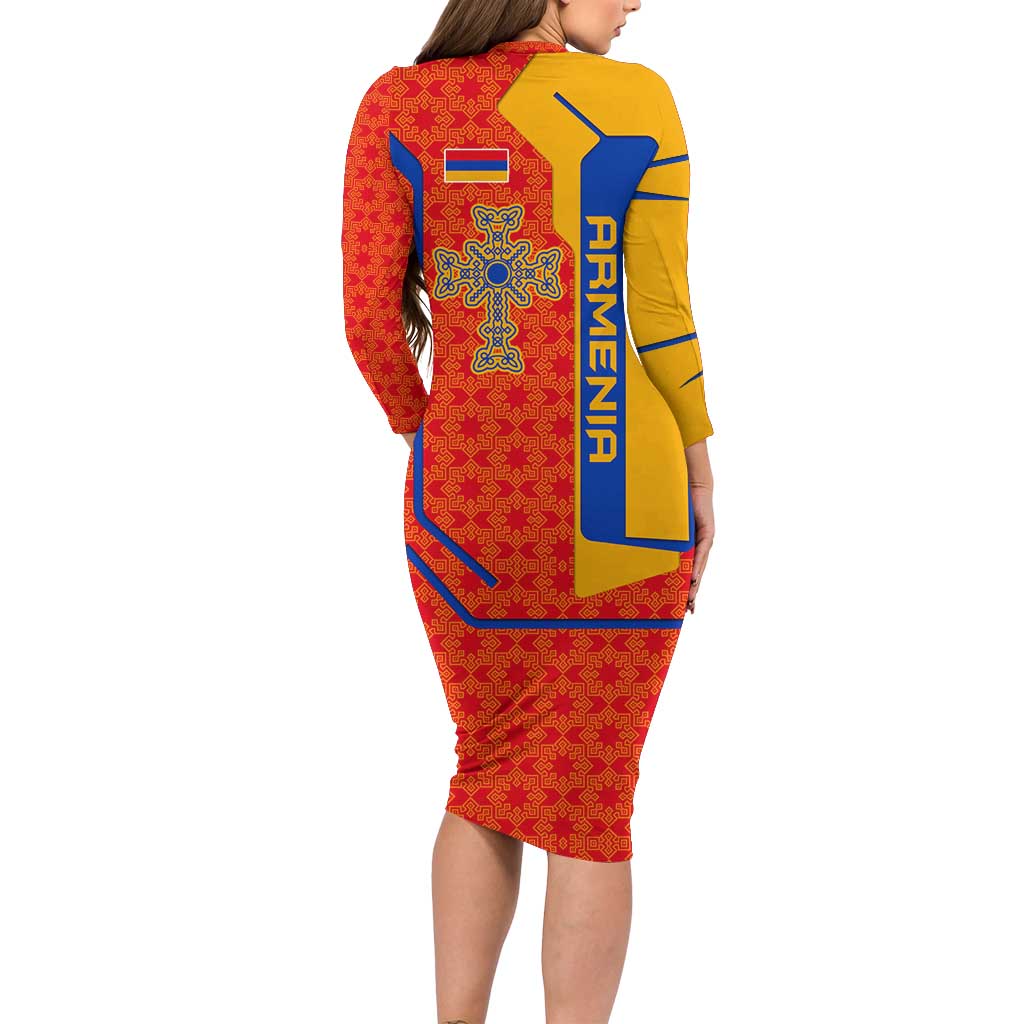 Armenia Flag-Inspired Family Matching Long Sleeve Bodycon Dress and Hawaiian Shirt with Ornamental Cross and Geometric Pattern Design - Wonder Print Shop