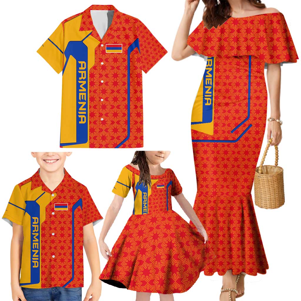 Armenia Flag-Inspired Family Matching Mermaid Dress and Hawaiian Shirt with Ornamental Cross and Geometric Pattern Design - Wonder Print Shop