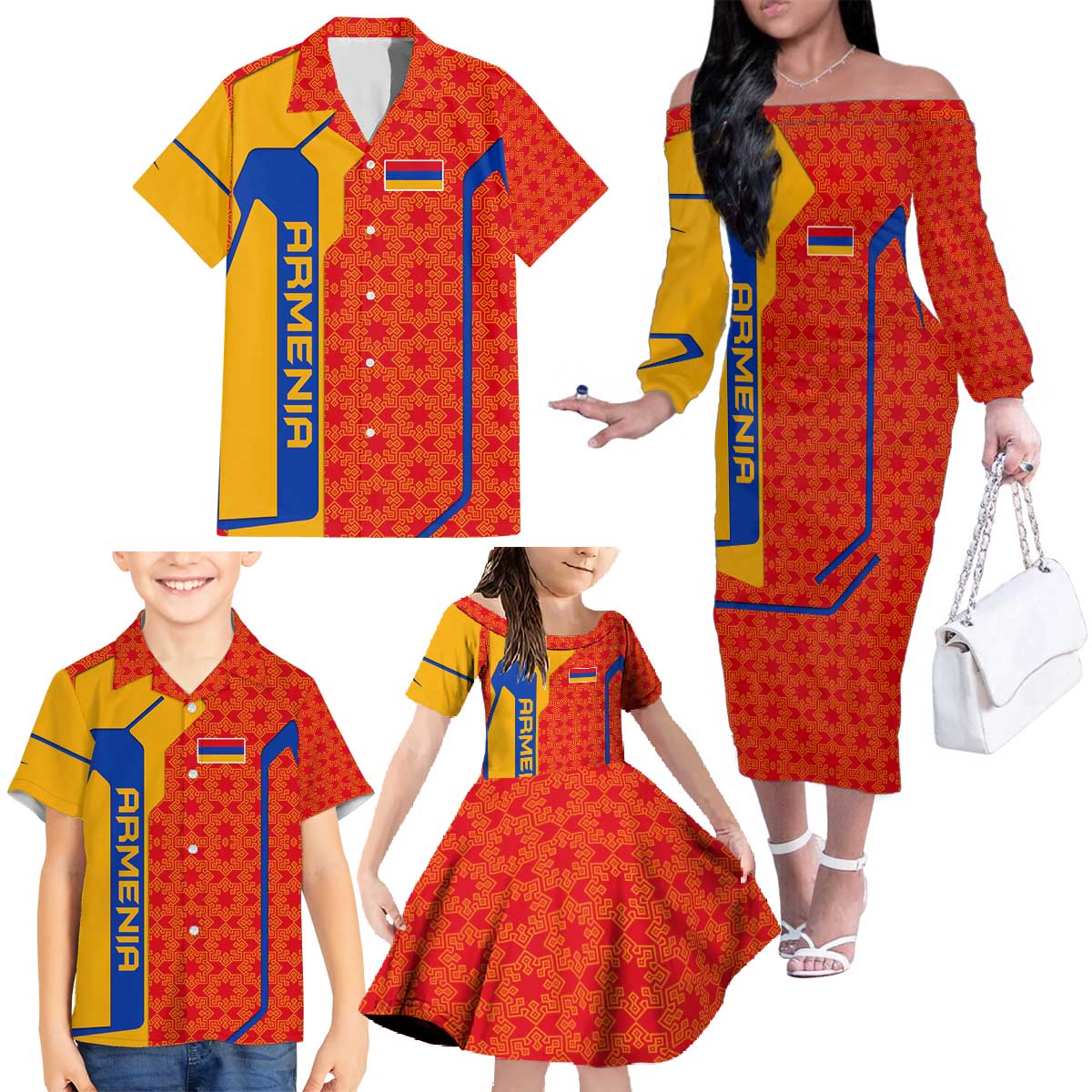 Armenia Flag-Inspired Family Matching Off The Shoulder Long Sleeve Dress and Hawaiian Shirt with Ornamental Cross and Geometric Pattern Design - Wonder Print Shop