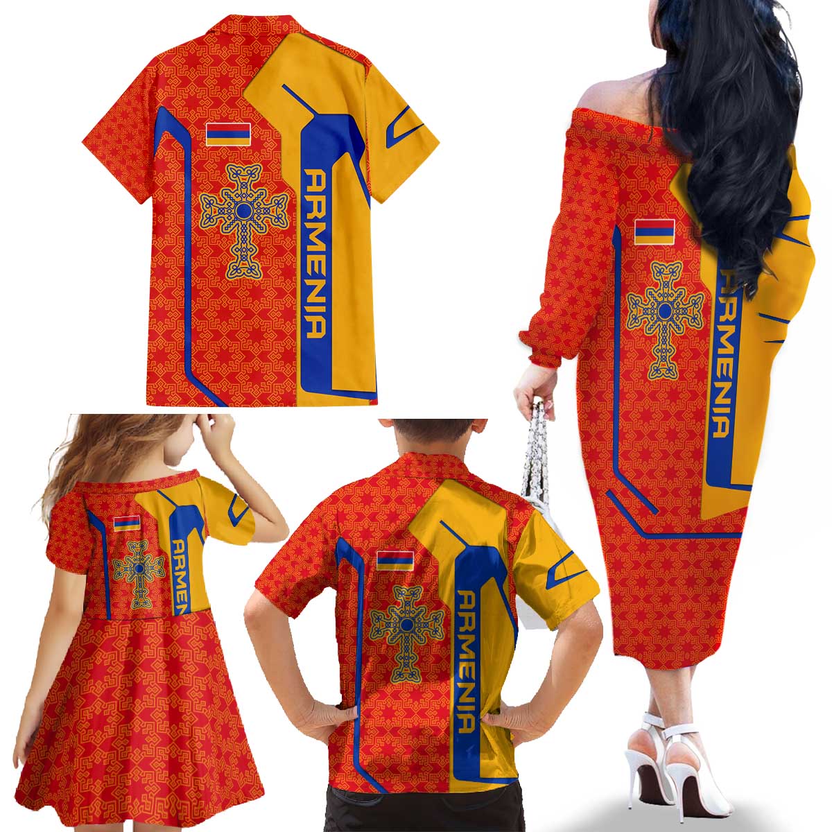 Armenia Flag-Inspired Family Matching Off The Shoulder Long Sleeve Dress and Hawaiian Shirt with Ornamental Cross and Geometric Pattern Design - Wonder Print Shop