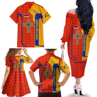 Armenia Flag-Inspired Family Matching Off The Shoulder Long Sleeve Dress and Hawaiian Shirt with Ornamental Cross and Geometric Pattern Design - Wonder Print Shop