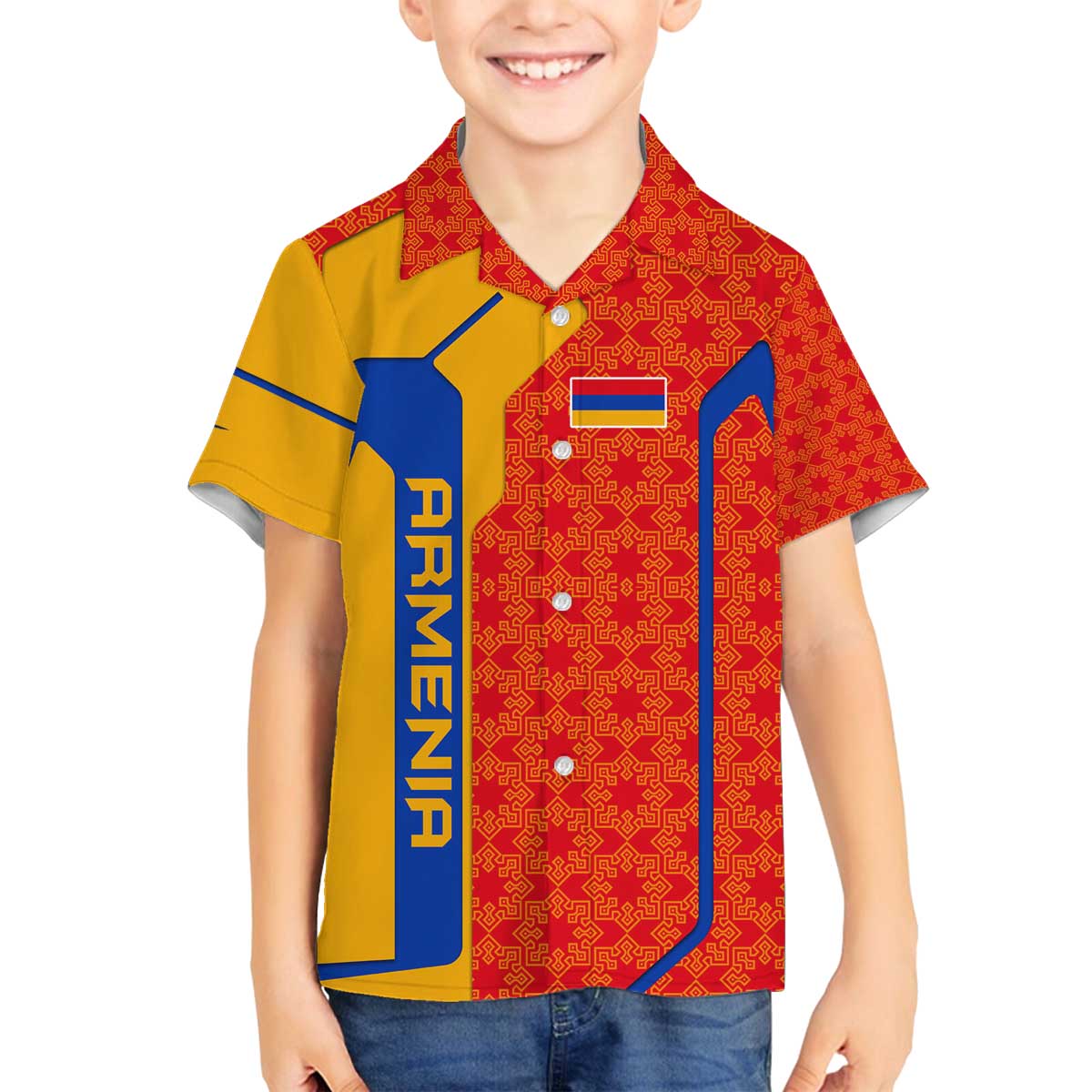 Armenia Flag-Inspired Family Matching Off The Shoulder Long Sleeve Dress and Hawaiian Shirt with Ornamental Cross and Geometric Pattern Design - Wonder Print Shop