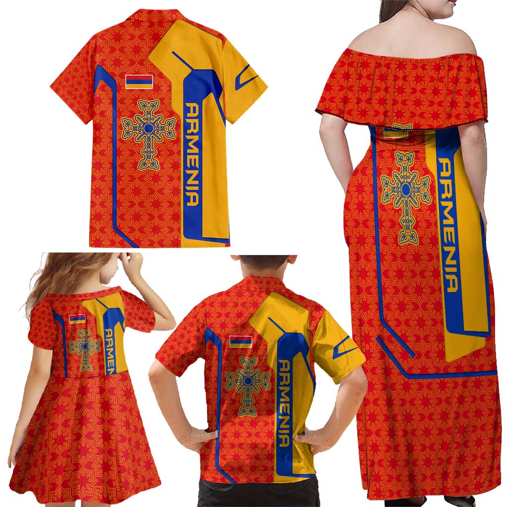 Armenia Flag-Inspired Family Matching Off Shoulder Maxi Dress and Hawaiian Shirt with Ornamental Cross and Geometric Pattern Design - Wonder Print Shop