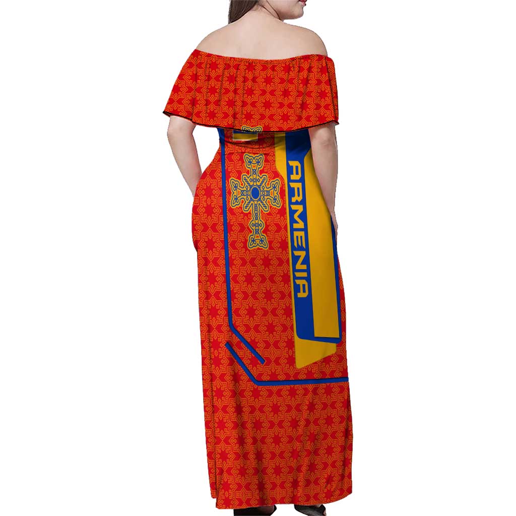 Armenia Flag-Inspired Family Matching Off Shoulder Maxi Dress and Hawaiian Shirt with Ornamental Cross and Geometric Pattern Design - Wonder Print Shop
