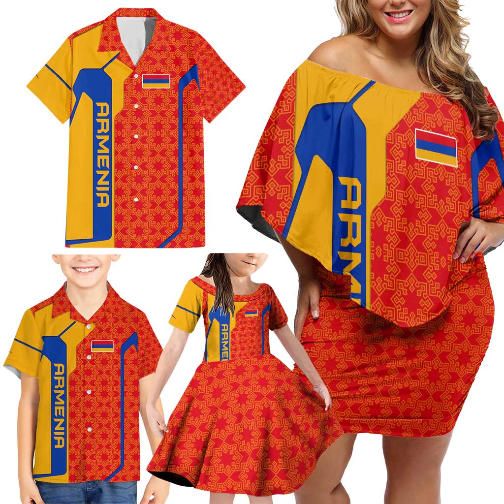 Armenia Flag-Inspired Family Matching Off Shoulder Short Dress and Hawaiian Shirt with Ornamental Cross and Geometric Pattern Design - Wonder Print Shop