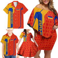 Armenia Flag-Inspired Family Matching Off Shoulder Short Dress and Hawaiian Shirt with Ornamental Cross and Geometric Pattern Design - Wonder Print Shop