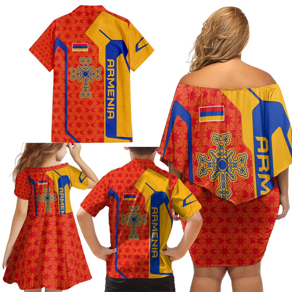 Armenia Flag-Inspired Family Matching Off Shoulder Short Dress and Hawaiian Shirt with Ornamental Cross and Geometric Pattern Design - Wonder Print Shop