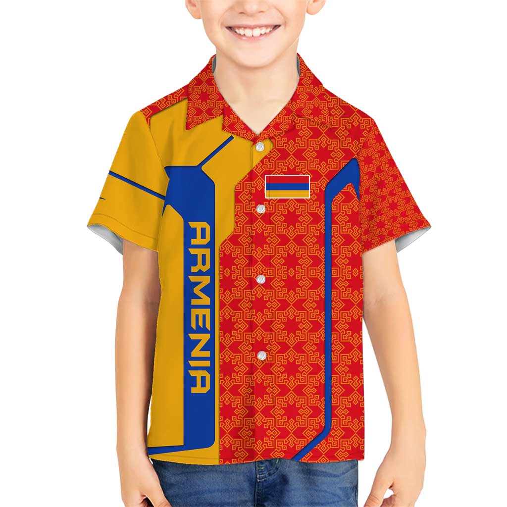 Armenia Flag-Inspired Family Matching Off Shoulder Short Dress and Hawaiian Shirt with Ornamental Cross and Geometric Pattern Design - Wonder Print Shop