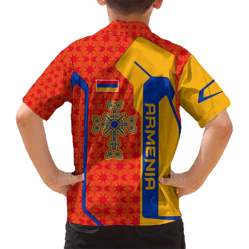 Armenia Flag-Inspired Family Matching Short Sleeve Bodycon Dress and Hawaiian Shirt with Ornamental Cross and Geometric Pattern Design - Wonder Print Shop