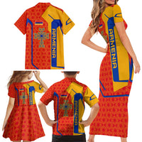 Armenia Flag-Inspired Family Matching Short Sleeve Bodycon Dress and Hawaiian Shirt with Ornamental Cross and Geometric Pattern Design - Wonder Print Shop