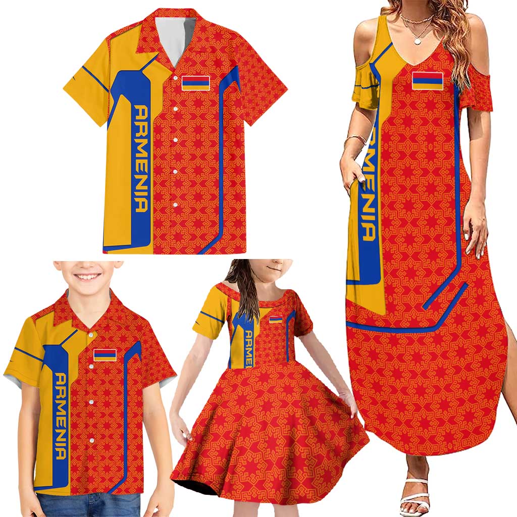 Armenia Flag-Inspired Family Matching Summer Maxi Dress and Hawaiian Shirt with Ornamental Cross and Geometric Pattern Design - Wonder Print Shop