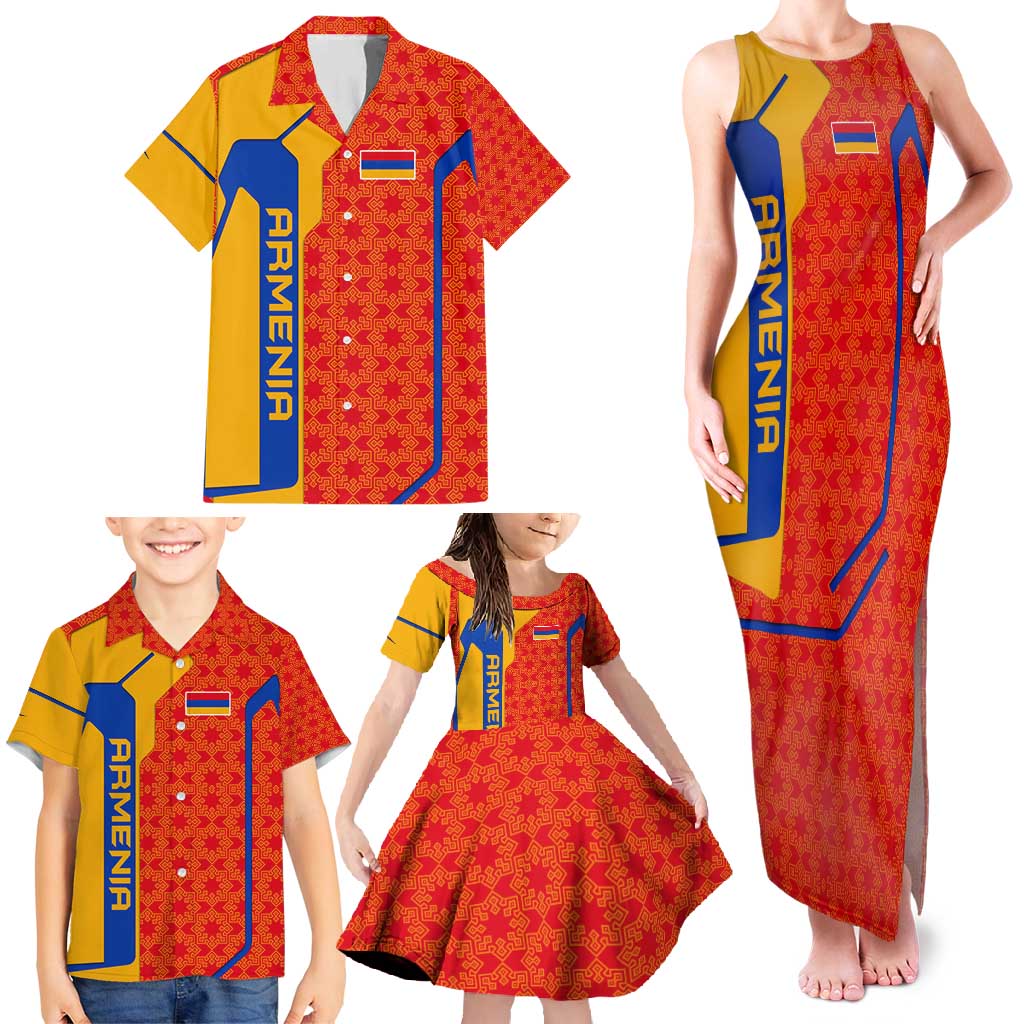 Armenia Flag-Inspired Family Matching Tank Maxi Dress and Hawaiian Shirt with Ornamental Cross and Geometric Pattern Design - Wonder Print Shop