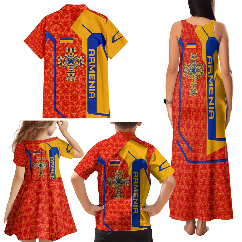 Armenia Flag-Inspired Family Matching Tank Maxi Dress and Hawaiian Shirt with Ornamental Cross and Geometric Pattern Design - Wonder Print Shop