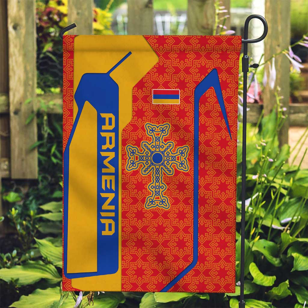 Armenia Flag-Inspired Garden Flag with Ornamental Cross and Geometric Pattern Design - Wonder Print Shop