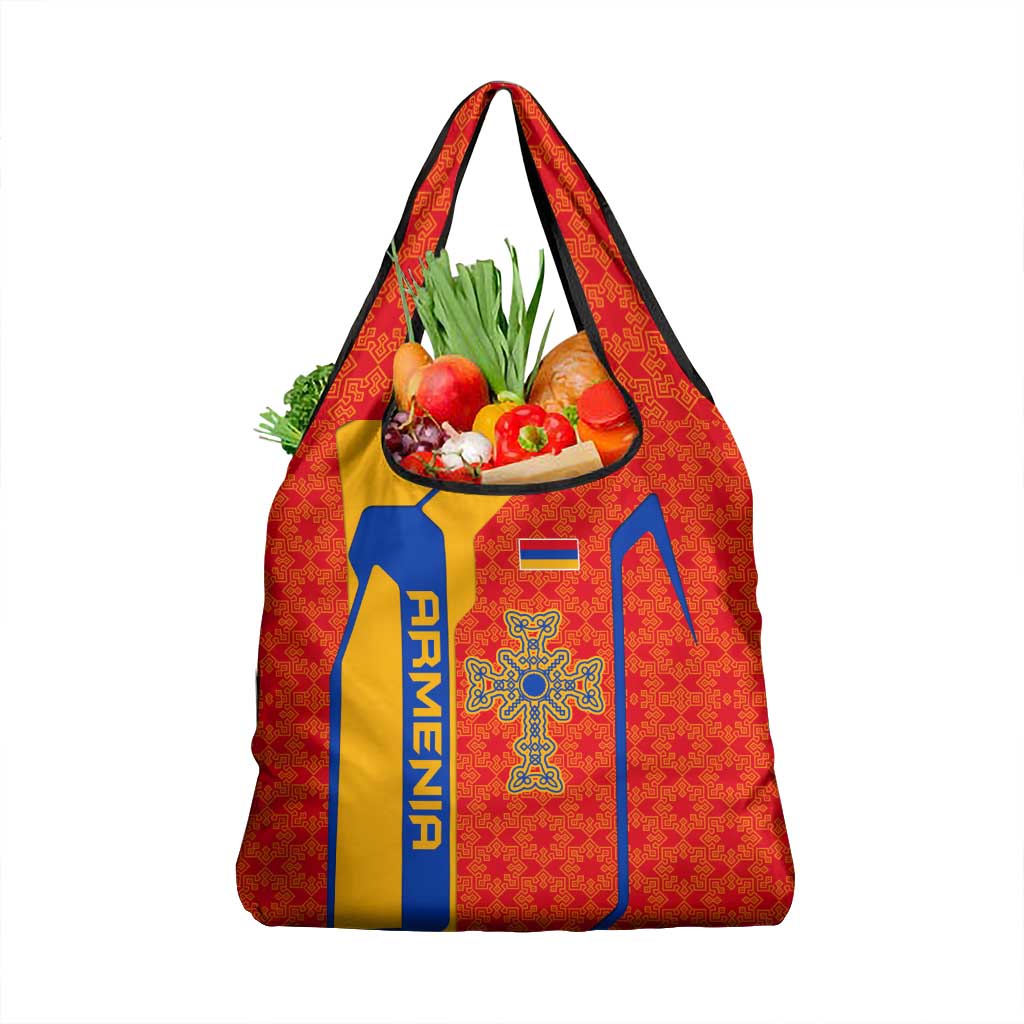 Armenia Flag-Inspired Grocery Bag with Ornamental Cross and Geometric Pattern Design - Wonder Print Shop