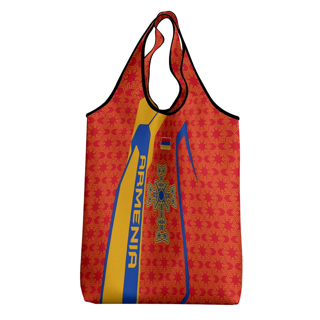Armenia Flag-Inspired Grocery Bag with Ornamental Cross and Geometric Pattern Design - Wonder Print Shop