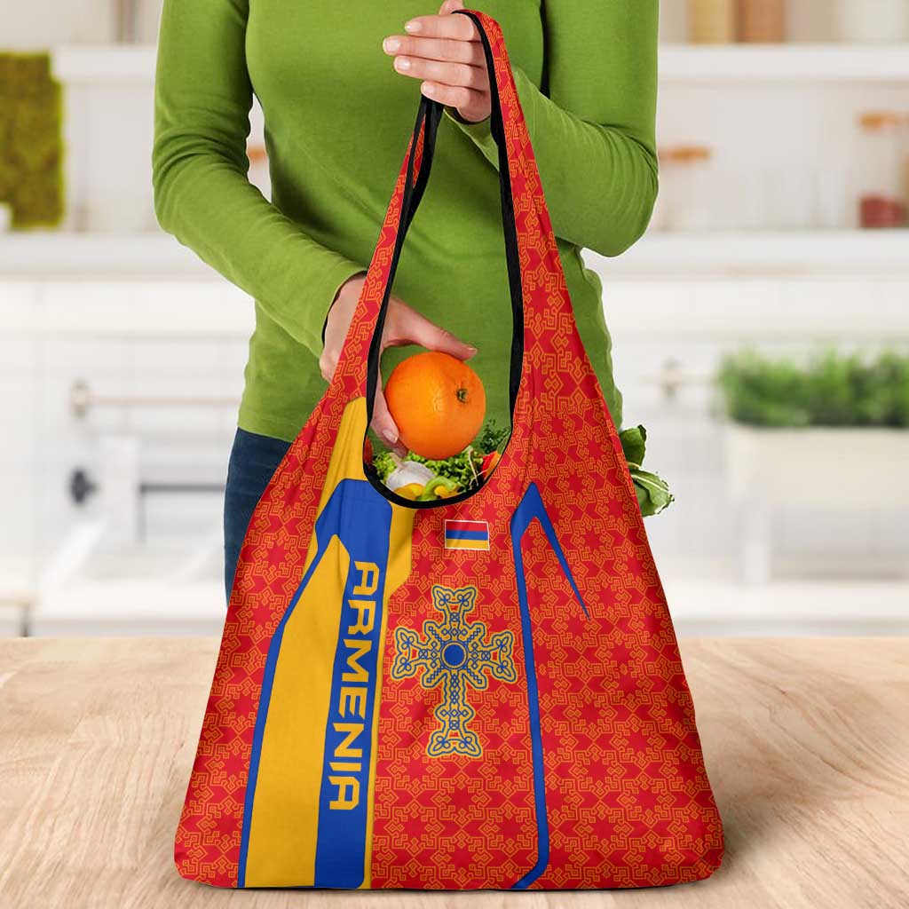 Armenia Flag-Inspired Grocery Bag with Ornamental Cross and Geometric Pattern Design - Wonder Print Shop