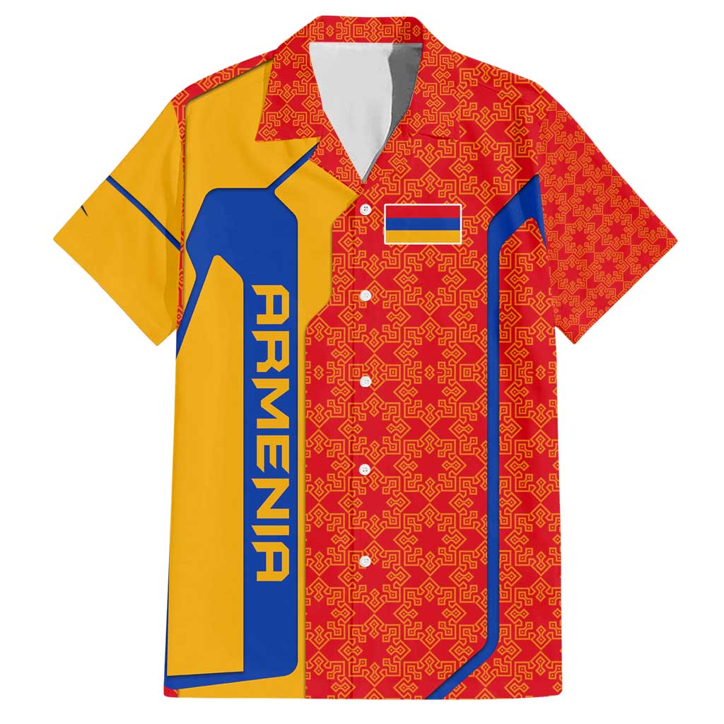 Armenia Flag-Inspired Hawaiian Shirt with Ornamental Cross and Geometric Pattern Design - Wonder Print Shop