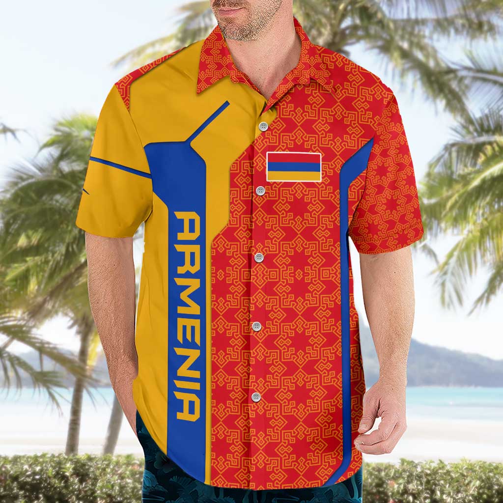 Armenia Flag-Inspired Hawaiian Shirt with Ornamental Cross and Geometric Pattern Design - Wonder Print Shop