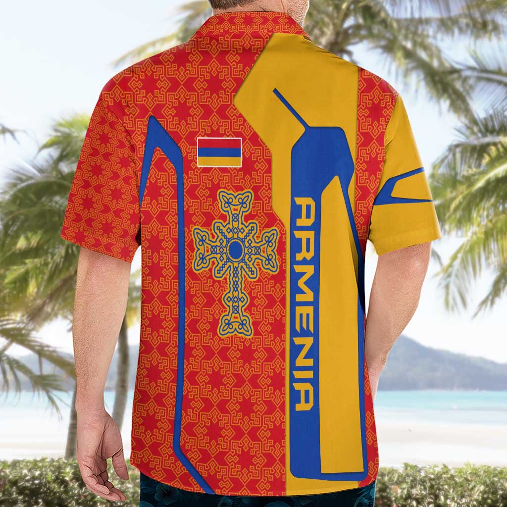 Armenia Flag-Inspired Hawaiian Shirt with Ornamental Cross and Geometric Pattern Design - Wonder Print Shop