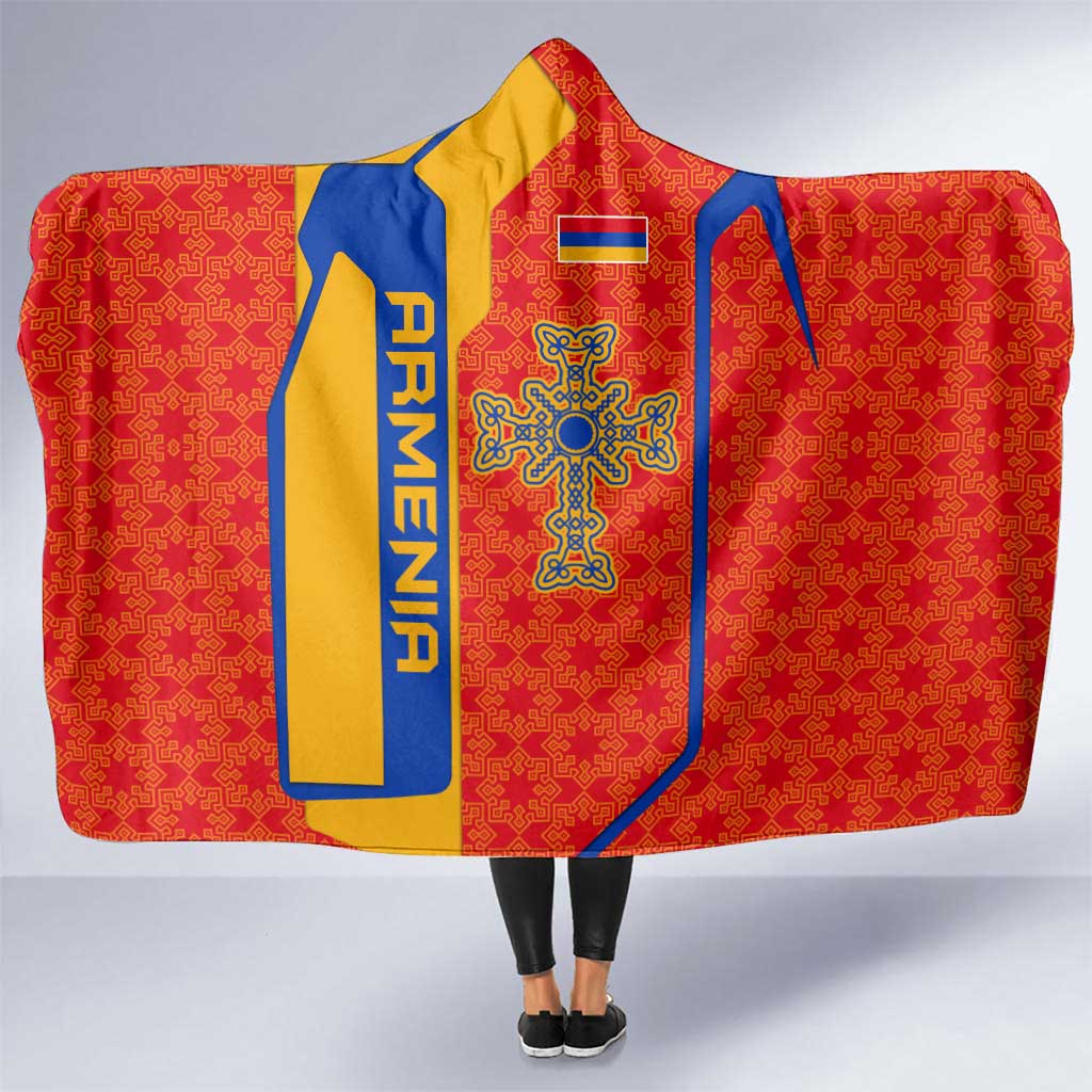 Armenia Flag-Inspired Hooded Blanket with Ornamental Cross and Geometric Pattern Design - Wonder Print Shop