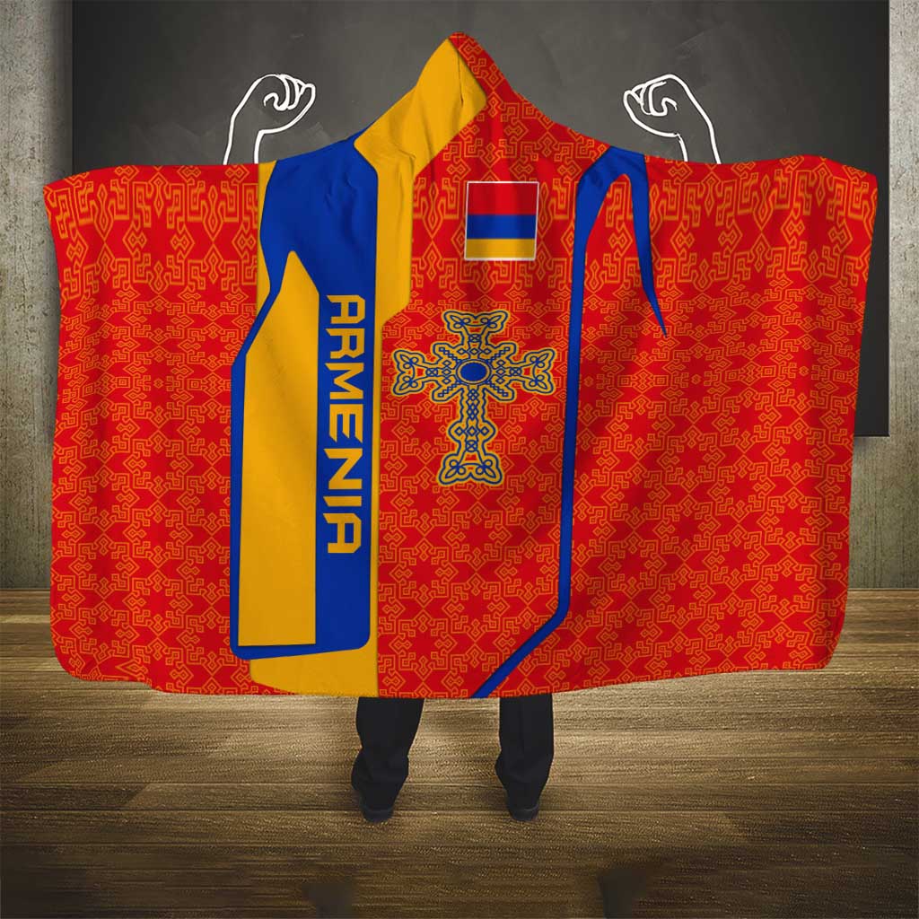 Armenia Flag-Inspired Hooded Blanket with Ornamental Cross and Geometric Pattern Design - Wonder Print Shop