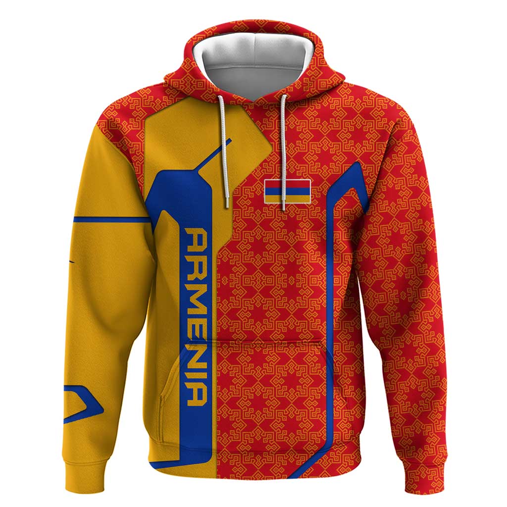 Armenia Flag-Inspired Hoodie with Ornamental Cross and Geometric Pattern Design - Wonder Print Shop