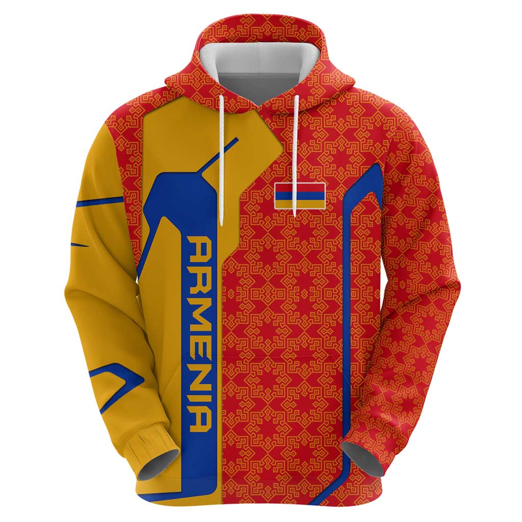 Armenia Flag-Inspired Hoodie with Ornamental Cross and Geometric Pattern Design - Wonder Print Shop