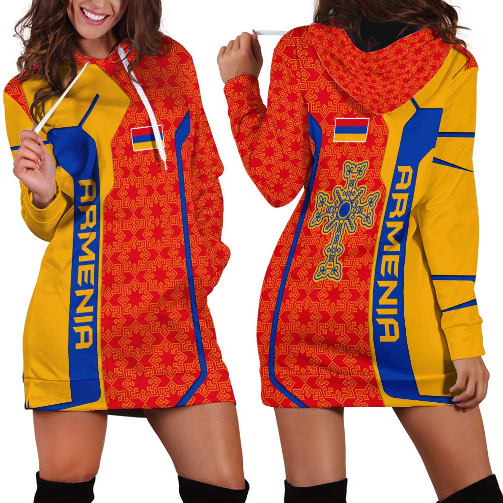 Armenia Flag-Inspired Hoodie Dress with Ornamental Cross and Geometric Pattern Design - Wonder Print Shop