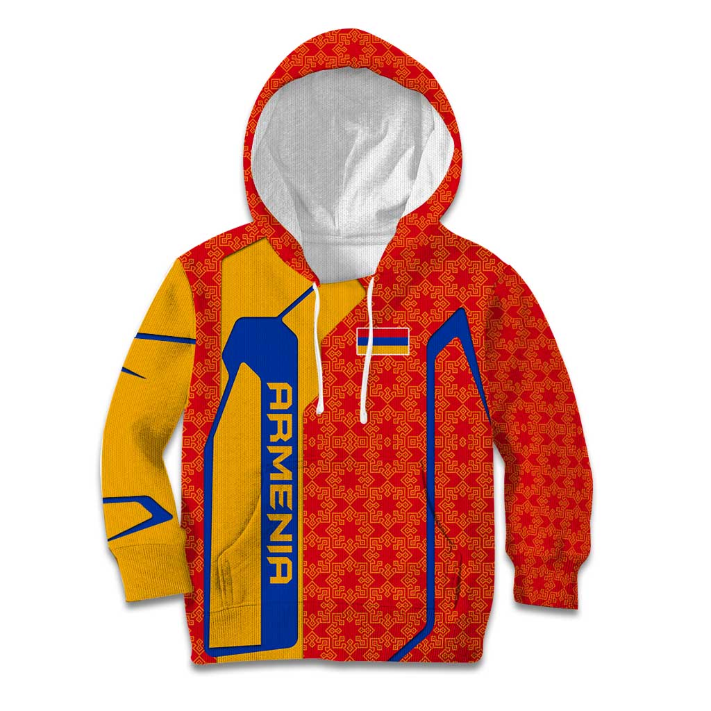 Armenia Flag-Inspired Kid Hoodie with Ornamental Cross and Geometric Pattern Design - Wonder Print Shop