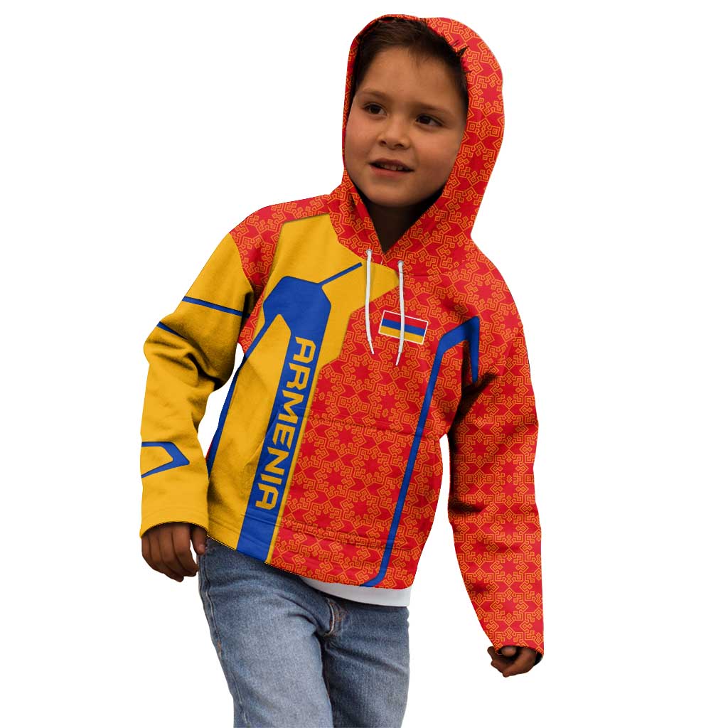 Armenia Flag-Inspired Kid Hoodie with Ornamental Cross and Geometric Pattern Design - Wonder Print Shop