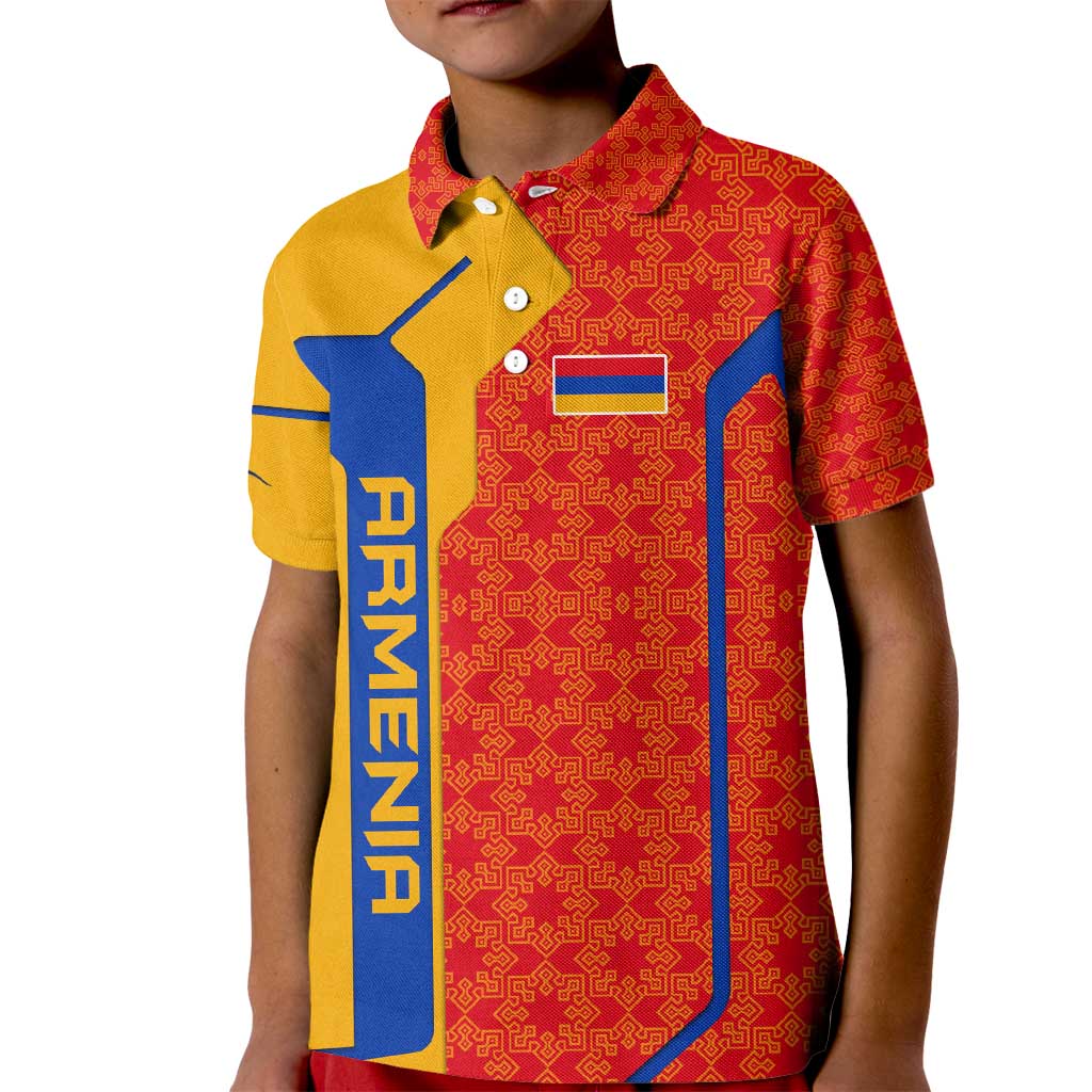 Armenia Flag-Inspired Kid Polo Shirt with Ornamental Cross and Geometric Pattern Design - Wonder Print Shop