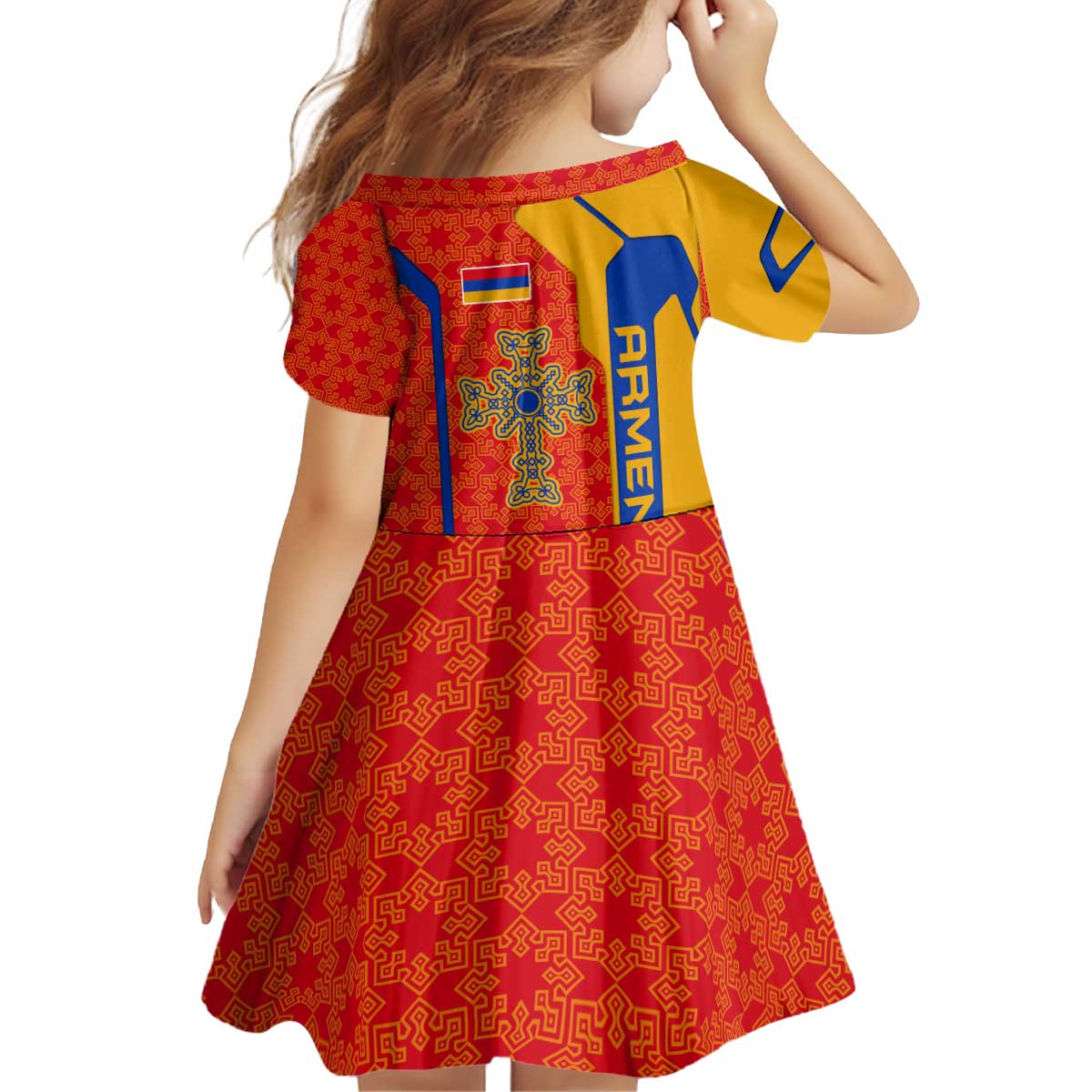 Armenia Flag-Inspired Kid Short Sleeve Dress with Ornamental Cross and Geometric Pattern Design - Wonder Print Shop